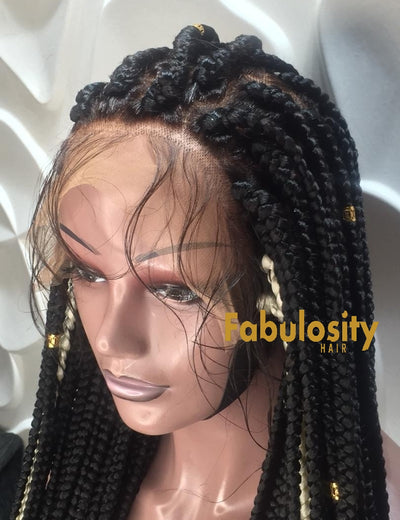 Box braids lace front wig jumbo 1b and highlights (Janice)