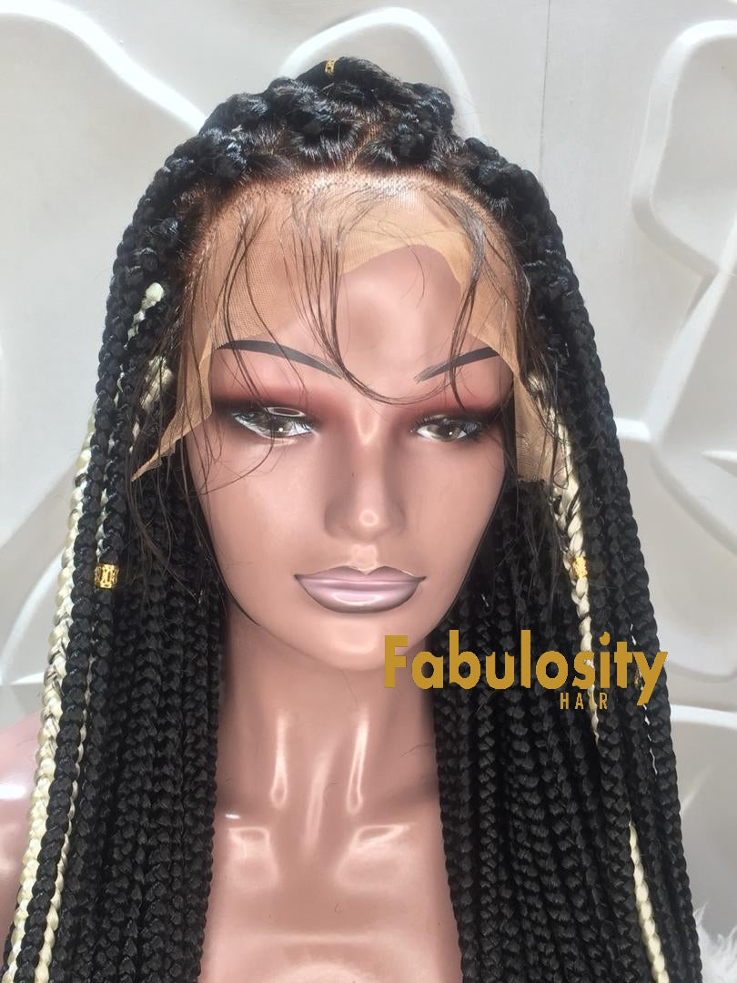 Box braids lace front wig jumbo 1b and highlights (Janice)